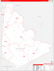 San Jacinto County, TX Wall Map Zip Code Red Line Style 2024